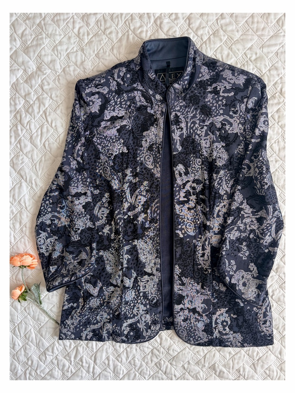 Alex Evenings Metallic Floral Jacquard Evening Jacket Satin Trim Size S